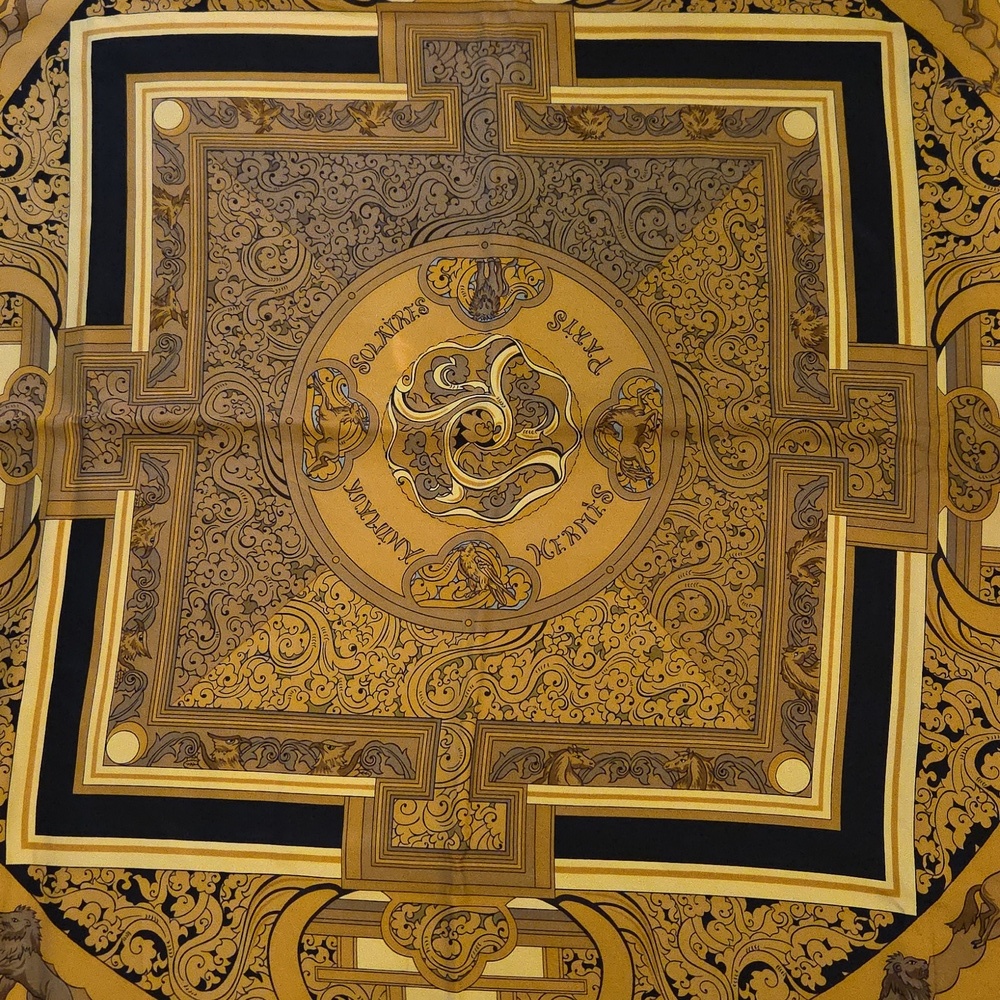 Hermes Elegant Black and Gold Scarf 100% Silk - Picture 2 of 7